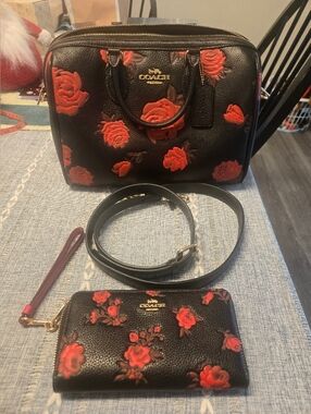 Coach Large Rowan & Matching Wallet Set with Red Rose Embroidery
